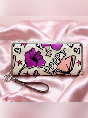 Coach Poppy Kyra Graffiti Floral Zip Around Wristlet Wallet Beige Pink YTK